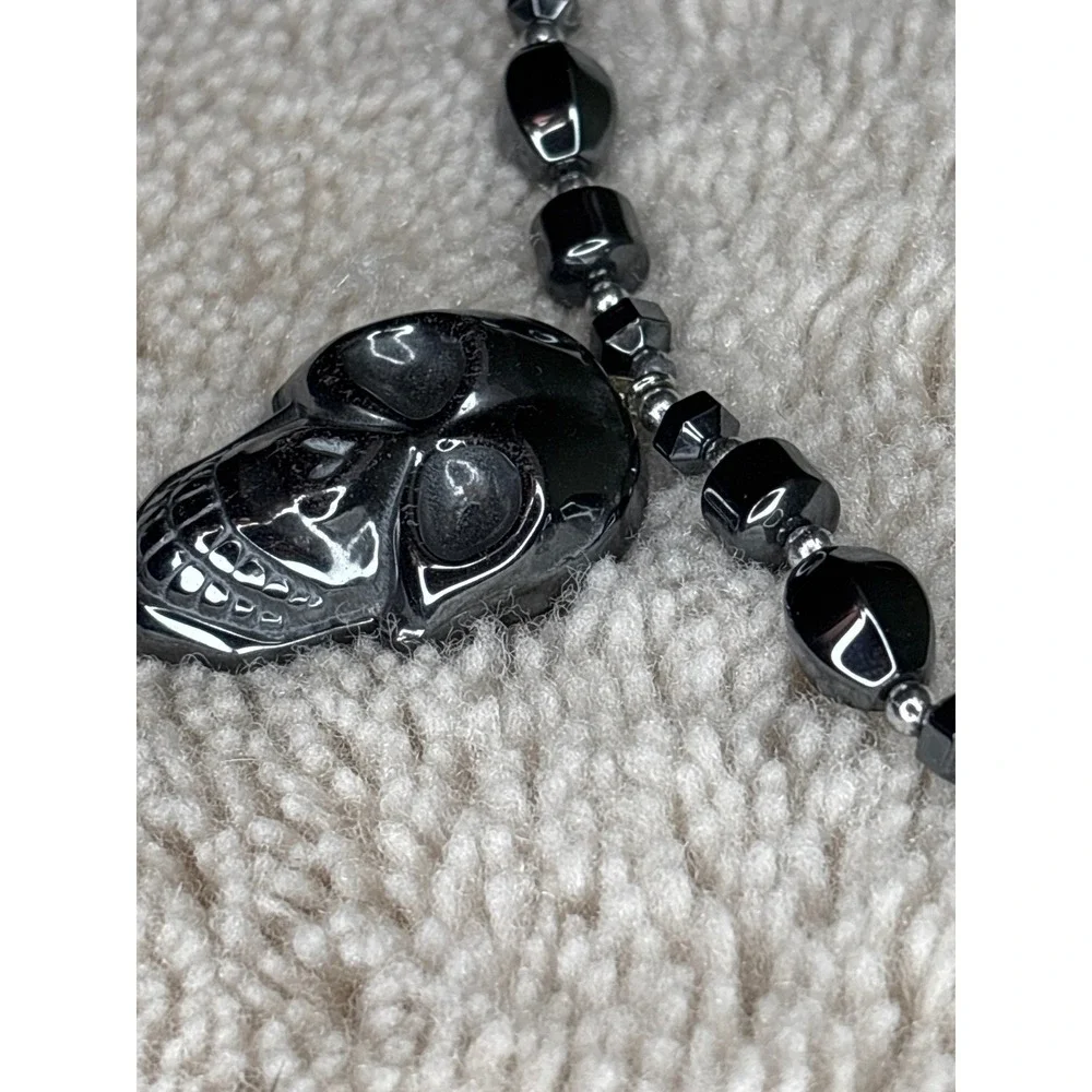 Hematite Skull Pendant Necklace Gunmetal Beaded Goth‎ Emo Choker Rocker Jewelry